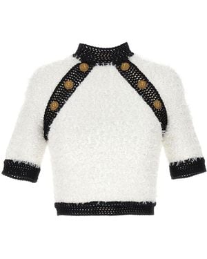 Balmain Button-Embellished Tweed Crop Top - White