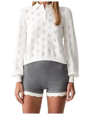 Twinset Heart-Pointelle Puff-Sleeve Polo Top - White