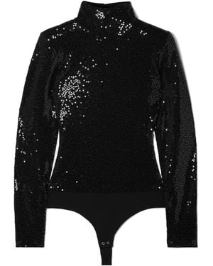 Michael Kors Sequined Crepe Turtleneck Thong Bodysuit - Black