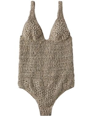 Brunello Cucinelli Crochet-Knit U-Neck Bodysuit - Brown
