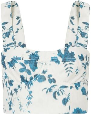 Erdem Crop Floral-Print Cotton And Linen-Blend Top - Blue