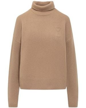 Ami Paris Logo Embroidered Turtleneck Jumper - Natural