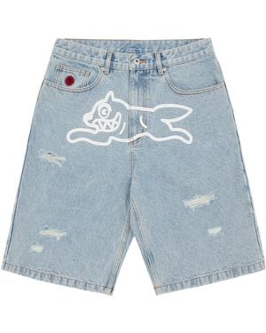 ICECREAM Running Dog Distressed Denim Shorts - Blue