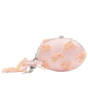 Self-Portrait Satin Floral Beaded Oval Clutch - Pink