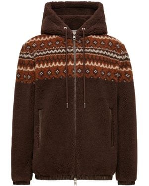 Moncler Geometric Jacquard Wool Blend Hoodie - Brown