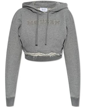 McQueen Drawstring Distressed Cropped Hoodie - Grey