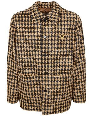 Valentino Houndstooth Button-Up Coat - Brown