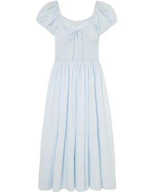 Doen Quinn Tie-Detailed Shirred Organic Cotton-Poplin Midi Dress - Blue
