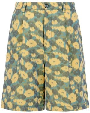 Marni Pleated Floral Print Linen Blend Shorts - Green