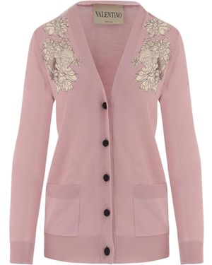 Valentino Lace-Embroidered Wool Cardigan - Pink