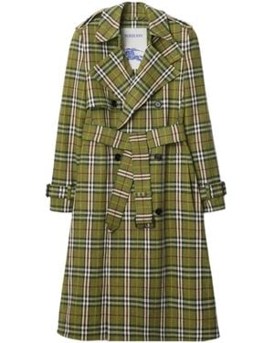 Burberry Double Breasted Belted Checked Coat - Green