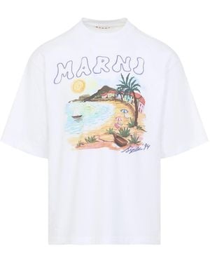 Marni Coastal-Scene Crewneck T-Shirt - White