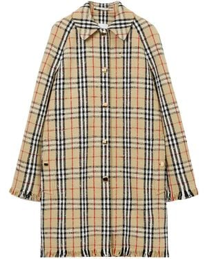 Burberry Checked Fringed-Edge Buttoned Coat - Natural