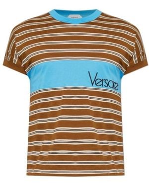 Versace Striped Logo Embroidered Knitted T-Shirt - Multicolour