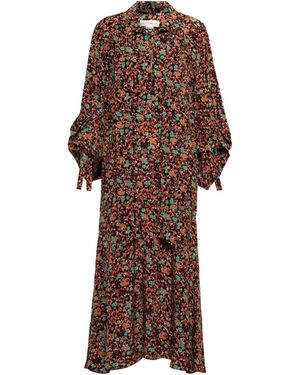 Victoria Beckham Floral Silk Midi Dress With Tie-Neck - Brown