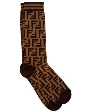 Fendi Ff-Pattern Stripe-Detail Ankle Socks - Brown