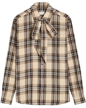 Saint Laurent Checked Tie-Neck Cotton-Blend Shirt - Brown