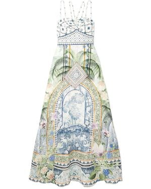 CAMILLA Jardim Party Crystal-Embellished Printed Linen And Silk-Blend Maxi Dress - Blue