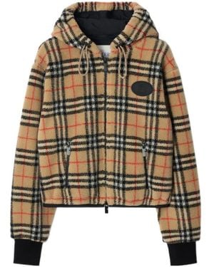 Burberry Cropped Hooded Check Fleece Jacket - Metallic