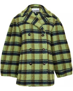 Ganni Brushed Wool Check Teddy Coat - Green