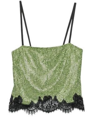 Self-Portrait Rhinestone-Embellished Lace-Trim Top - Green