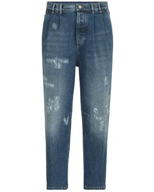Brunello Cucinelli Comfort Cotton Denim Iconic-Fit Five-Pocket Pants With Double Pleats And Rips - Blue