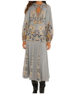 FARM Rio Stained Glass Beauty Long Sleeve Pleated Maxi Dress - Grey