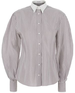 Brunello Cucinelli Pinstriped Curved Hem Shirt - Gray
