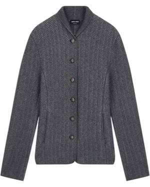 Giorgio Armani Herringbone Cashmere Knit Jacket With Stand Collar - Gray
