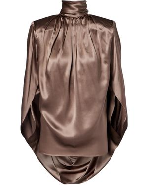 Mugler Draped Silk-Blend Satin Top - Brown