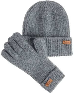 Barbour Ribbed Knit Beanie And Glove Set - Grey