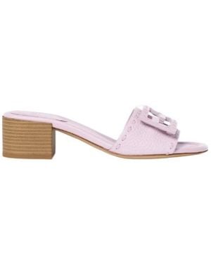 Fendi Baguette Lilac Leather Medium-Heeled Slides - Pink