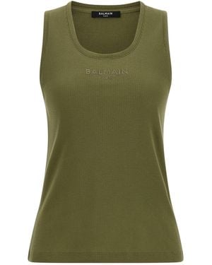 Balmain Logo Embroidered Ribbed Tank Top - Green