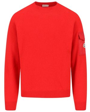Moncler Sleeve-Pocket Crew-Neck Sweater - Red