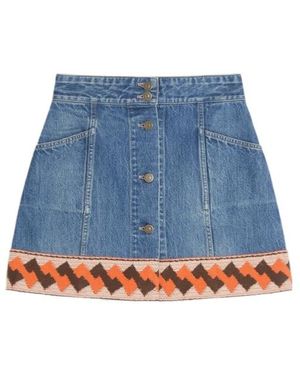 Valentino Jacquard-Trim Mid-Rise Denim Skirt - Blue