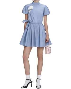Self-Portrait Bow-Waist Puff-Sleeve Dress - Blue