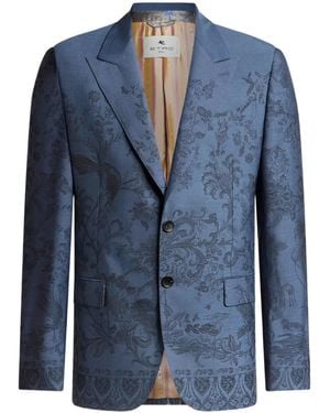 Etro Single-Breasted Wool Jacquard Jacket With Flora And Fauna Motif - Blue