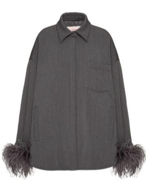 Valentino Feather-Trim Drop-Shoulder Shirt - Gray