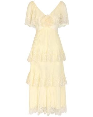 Self-Portrait Tiered Lace-Trim Plissé Chiffon Midi Dress - Metallic