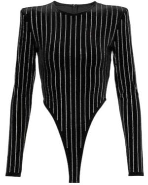 Alex Perry Crystal-Embellished Pinstripe Velvet Bodysuit - Black