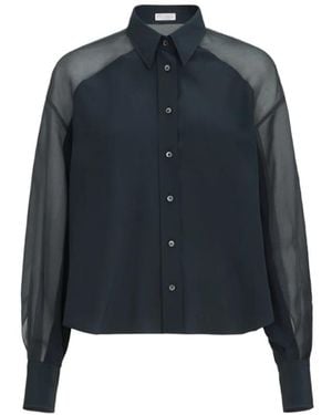 Brunello Cucinelli Silk Crêpe De Chine Paneled Shirt With Monili - Blue