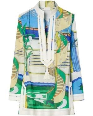 Tory Burch Printed Tassel V-Neck Dress - Green