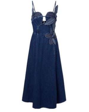 FARM Rio Floral Appliqué Denim Midi Dress - Blue