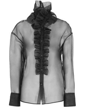 D.exterior Ruffled Sheer Button-Up Top - Gray