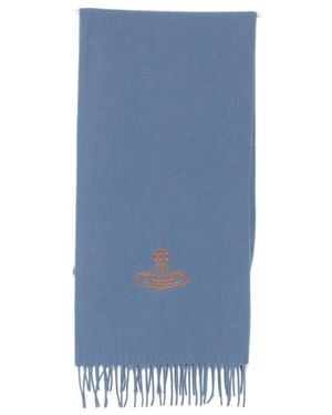 Vivienne Westwood Orb-Embroidered Fringed Scarf - Blue