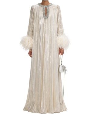 Self-Portrait Long Dress Decorated With Feather Cuffs - Natural