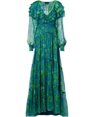 Etro Floral Ruffled Tiered Silk Chiffon Maxi Dress - Green