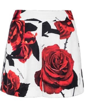 Balmain Rose Printed Satin Shorts - Red