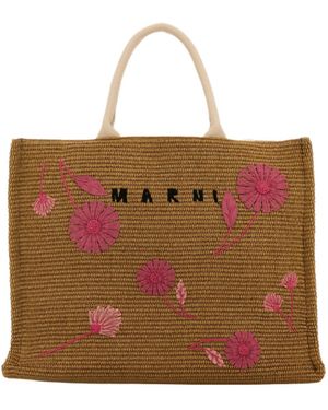 Marni Floral Appliqué Large Basket Bag - Brown