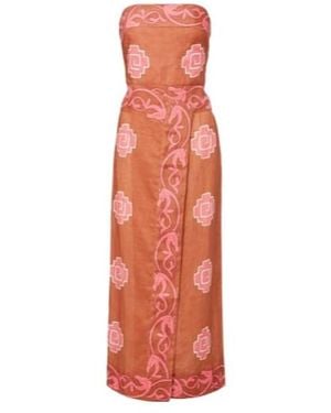 Johanna Ortiz Embroidered Smocked Linen Midi Dress - Orange